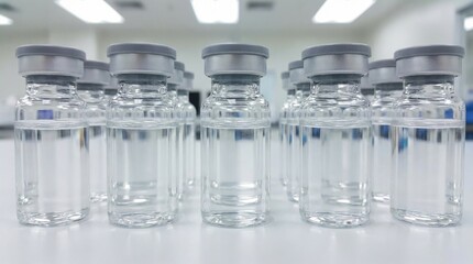Medical vials arranged on a laboratory countertop under bright fluorescent lighting in a clean white research facility environment