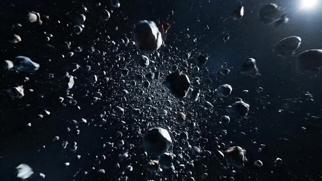 Asteroid field in deep space with numerous small and large meteorites floating