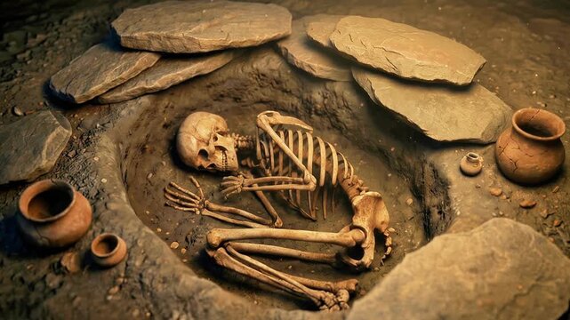 Archaeological excavation reveals ancient human burial in stone-lined grave with skeleton and pottery vessels