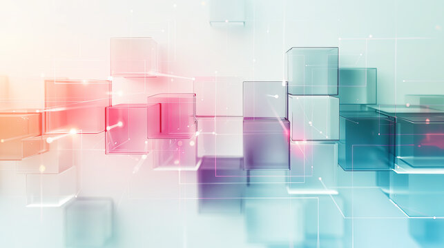 Abstract 3D glass cubes with digital network connections and glowing data nodes