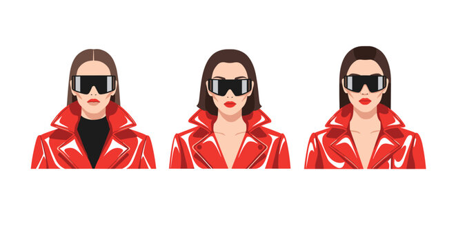 Three stylish women are depicted wearing shiny red jackets and sleek dark sunglasses, presented against a clean white background.