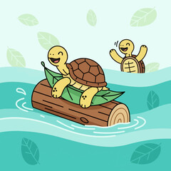 Naklejka premium Joyful Turtles Embarking on a Floating Adventure in a Serene Aquatic Environment, Happy Moment