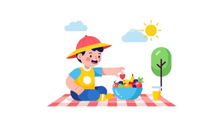 Fototapeta premium Joyful Youngster Enjoys Refreshing Fruit Picnic Under Sunny Skies