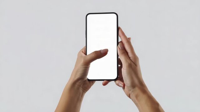 Smart Phone in Hand: A close-up shot of a human hand delicately holding a sleek smart phone with a blank screen, emphasizing seamless interaction and user experience.