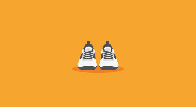 A minimalist illustration of a pair of white and black athletic shoes on a vibrant orange background.