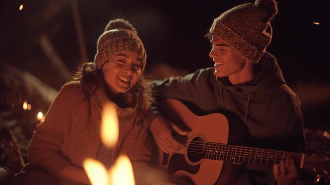 Young Couple Sharing Acoustic Guitar by Cozy Winter Campfire