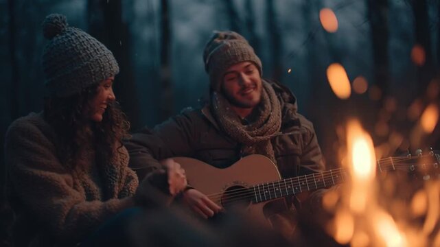 Young Couple Sharing Acoustic Guitar by Cozy Winter Campfire