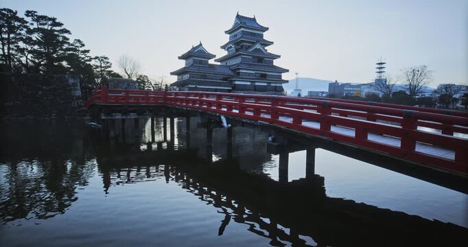 Rippling pond under red bridge near silhouetted 16th century Japanese castle in the morning