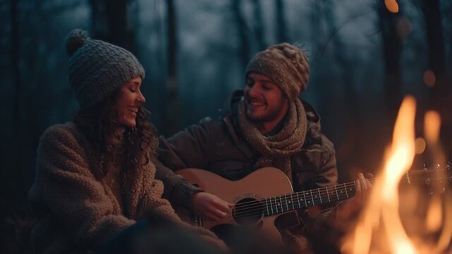 Young Couple Sharing Acoustic Guitar by Cozy Winter Campfire