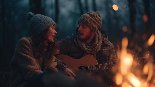 Young Couple Sharing Acoustic Guitar by Cozy Winter Campfire