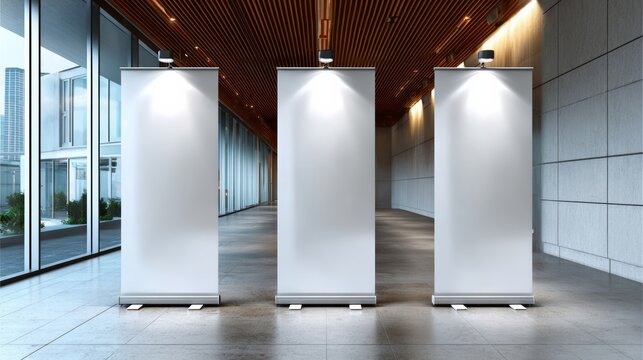 Three blank roll-up banners illuminated by spotlights in a modern indoor space with large windows and wooden ceiling design, suitable for exhibitions or presentations