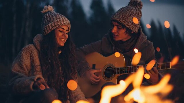 Young Couple Sharing Acoustic Guitar by Cozy Winter Campfire