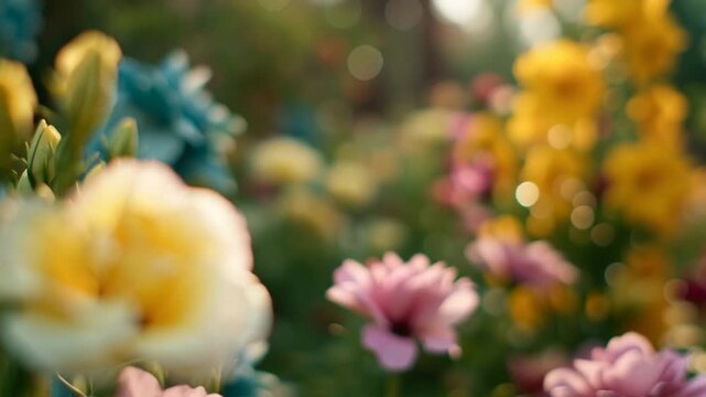 Pale Yellow Lisianthus in Sunny Garden Corner with Soft Floral Bokeh