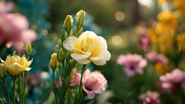 Pale Yellow Lisianthus in Sunny Garden Corner with Soft Floral Bokeh