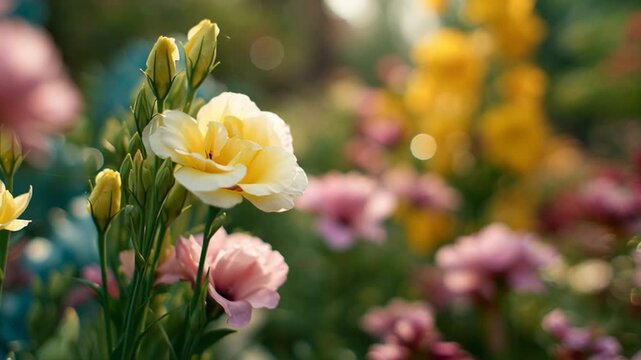 Pale Yellow Lisianthus in Sunny Garden Corner with Soft Floral Bokeh