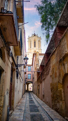Fototapeta premium Alley in the historic center of Tarragona, Catalonia, Spain, with the cathedral tower in the background