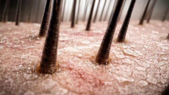 Macro view of human scalp shedding dandruff flakes as hair strands move, showing dry irritated skin close up