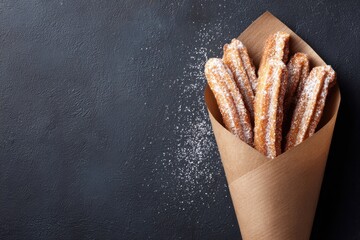Churros in kraft paper cone dusted with powdered sugar on a dark textured background, showcasing a delicious dessert treat for culinary enthusiasts and food lovers