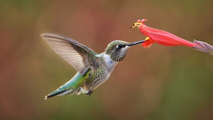 Fototapeta premium Vibrant hummingbird feeding from bright red flower in mid-air