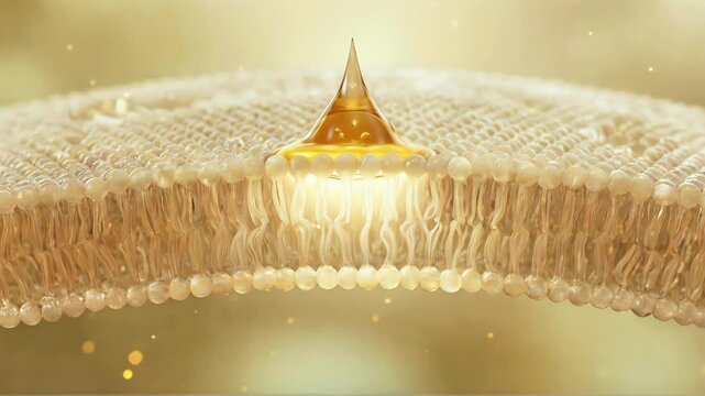 Golden oil droplet landing on a lipid bilayer membrane and spreading into the surface for absorption