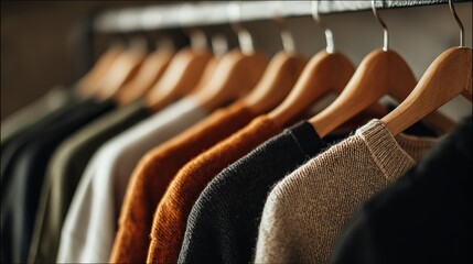 Obraz premium A collection of sweaters hanging on wooden hangers in a closet with various colors and textures