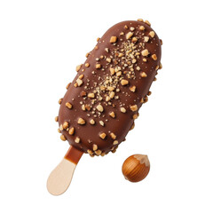 A delicious chocolate ice cream popsicle with nuts and chocolate chips on a stick isolated on transparent background