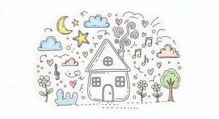 Naklejka premium Whimsical house surrounded by flowers, trees, and clouds in a dreamy landscape view