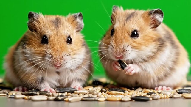 Two brown hamsters sitting on coins isolated on green background