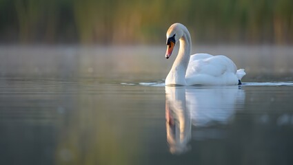 Fototapeta premium Majestic white swan swimming serenely on calm lake water with reflection