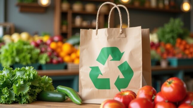 Bolsa ecol&oacute;gica para llevar con icono de reciclaje en la caja de un supermercado org&aacute;nico, con productos frescos como fondo