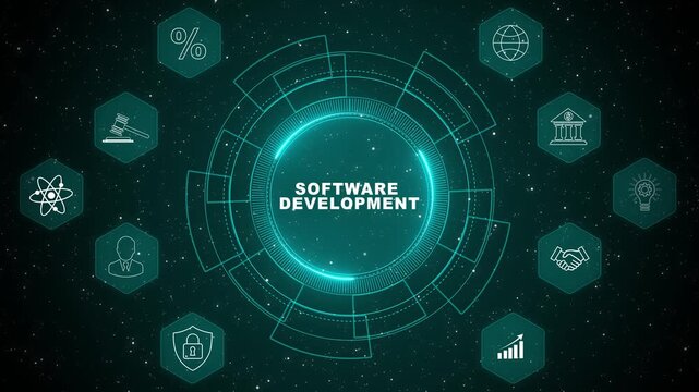 Software development lifecycle concept with modern programming system and digital engineering technology animation background 4k