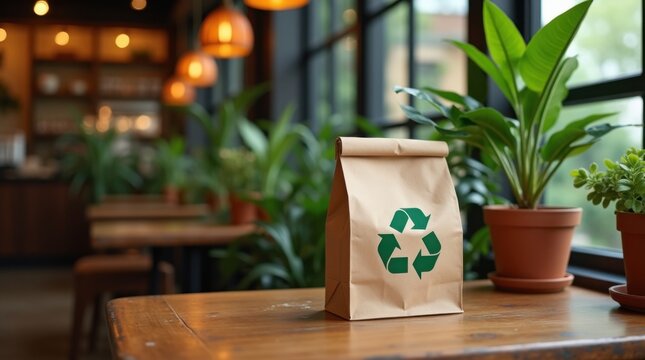 Bolsa de papel con un s&iacute;mbolo de reciclaje verde impreso en su costado, colocada sobre una mesa de caf&eacute; de madera desgastada