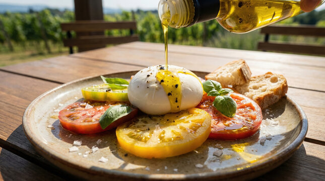 Pouring olive oil over fresh burrata cheese and heirloom tomatoes