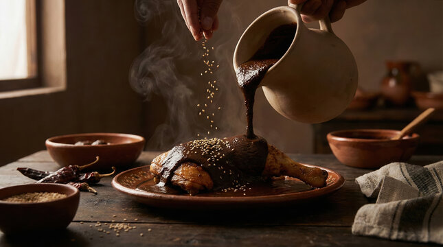 Hand serving mexican mole poblano chicken dish with sesame seeds