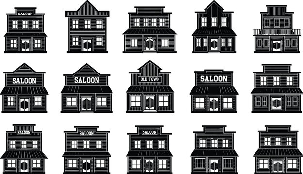 Wild West saloon silhouette set, old town wooden building icons, western architecture collection, vintage frontier storefront graphics, isolated town vector,