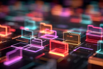 Fototapeta premium Colorful digital file icons arranged in a pattern on a dark background with glowing lines and geometric shapes