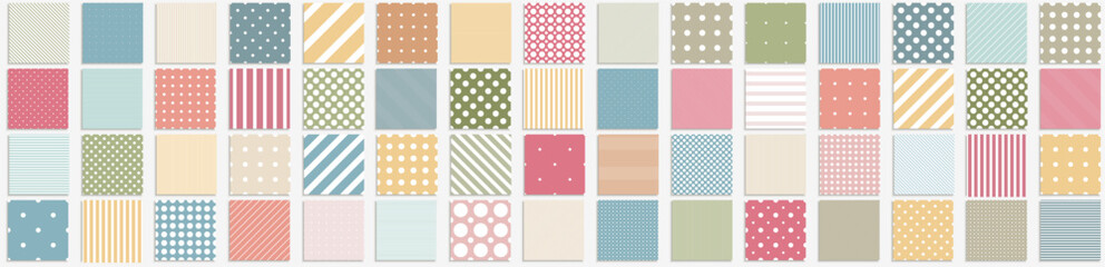 Collection of bright colorful geometric seamless patterns. Simple dotted and striped textures - repeatable unusual minimalistic backgrounds. Textile endless prints