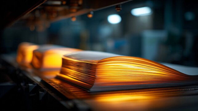 Stacks of paper move through a printing machine in a factory during night hours in a busy industrial setting