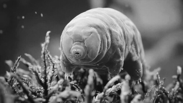 Microscopic tardigrade crawling over moss and shifting position in extreme close-up macro view