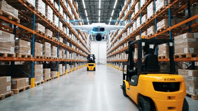 Modern warehouse with yellow forklifts and stacked cardboard boxes on shelves.