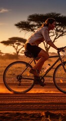 Fototapeta premium Woman riding bicycle on dusty road in savanna during golden sunset with acacia trees background