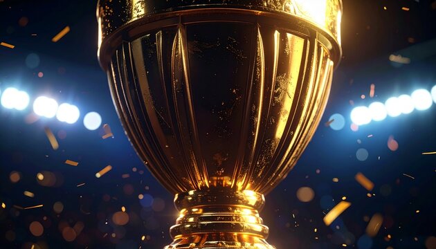 Shining golden champion trophy under dramatic spotlight with blurred stadium lights, symbolizing victory, success and outstanding achievement.