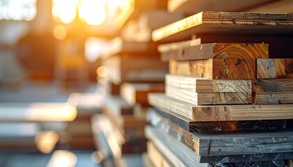 Stack of Wood Planks in Workshop with Natural Light.