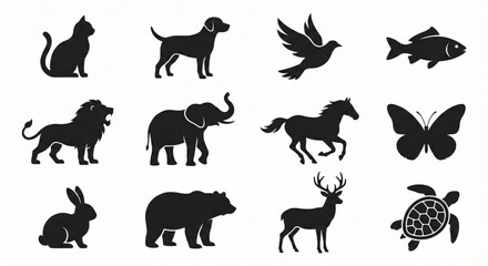 Fototapeta premium Wild Animals Silhouette Icons Set, Black Animal Shapes Collection on White Background