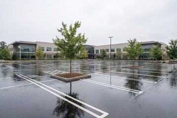 Obraz premium Modern office building with wet empty parking lot on rainy day