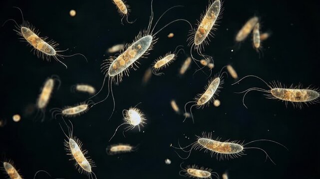 Microscopic bacteria with flagella swimming through dark fluid, drifting and rotating as cells move and spread