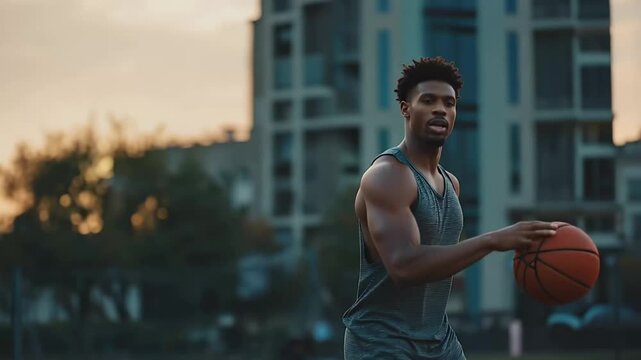 Basketball player practices in outdoor court during sunset with a city backdrop and trees noticeable in the background