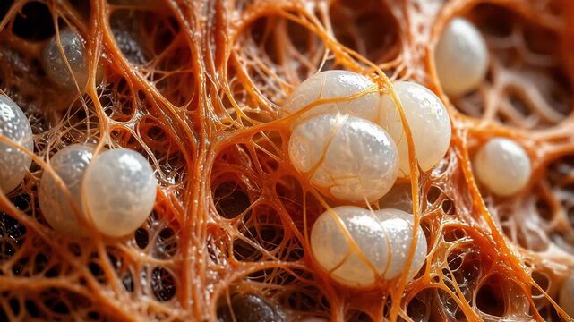 Microscopic cell-like spheres shifting through orange fiber network in close-up biological tissue motion