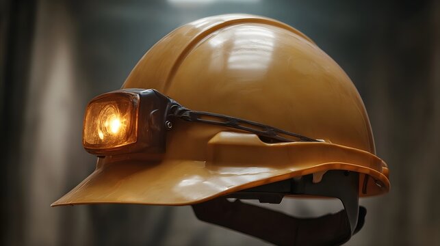 Close up of a yellow miner s hard hat with an illuminated headlamp symbolizing safety and industry