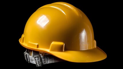 Fototapeta premium A bright yellow construction hard hat sits isolated against a stark black background symbolizing safety and industry